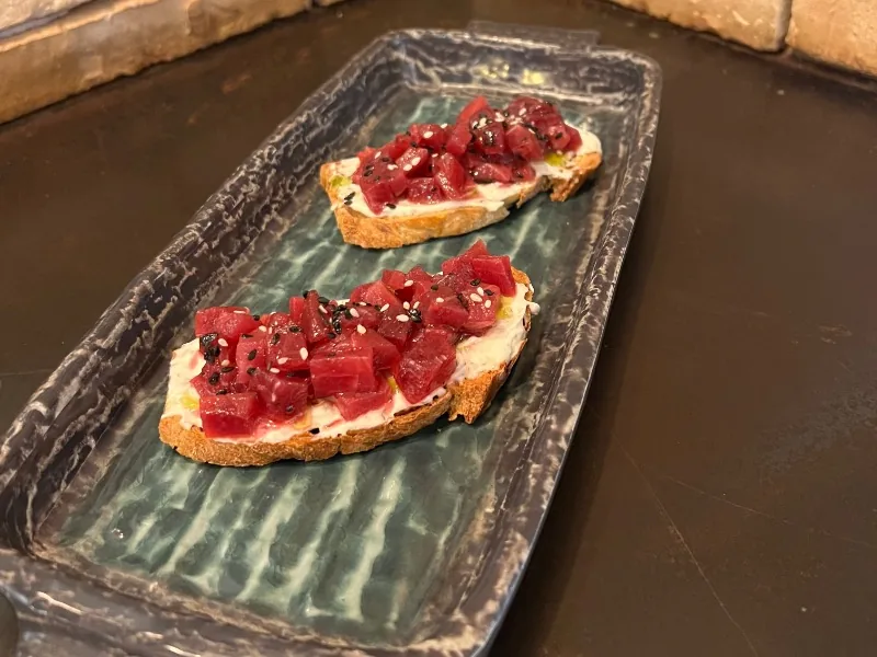 Tuna toast on truffle mayonnaise and basil oil